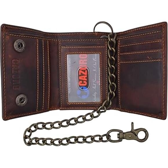 RFID Blocking Men's Trifold Vintage Leather Biker Chain Wallet With Snap Closure - Picture 7 of 7